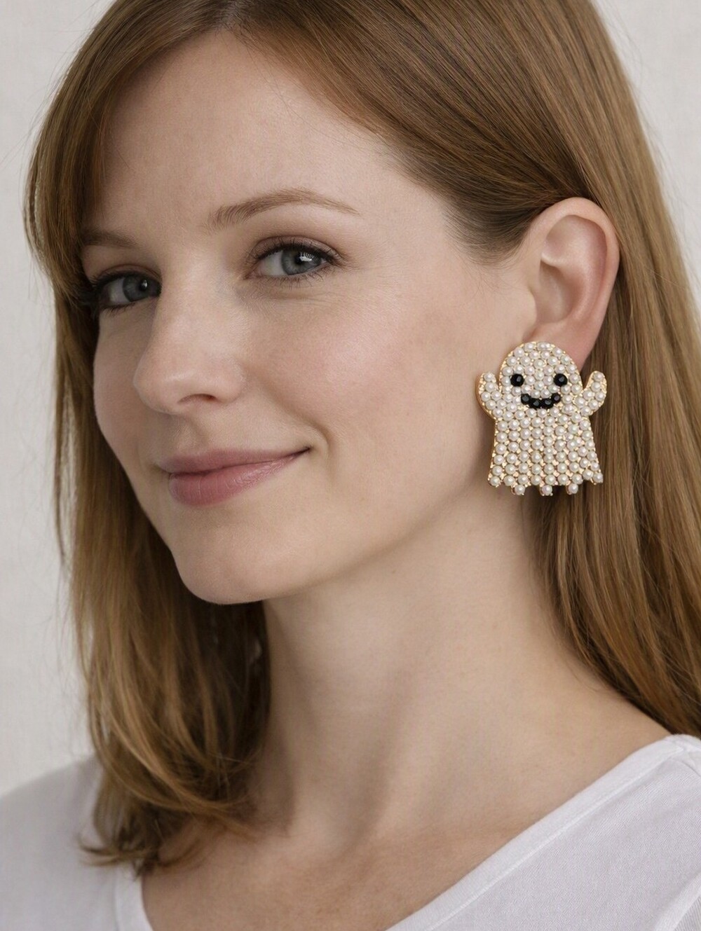 Pearl Beaded Ghost Earrings Gold Outline Halloween Jewelry 2 Inch Size Scary
